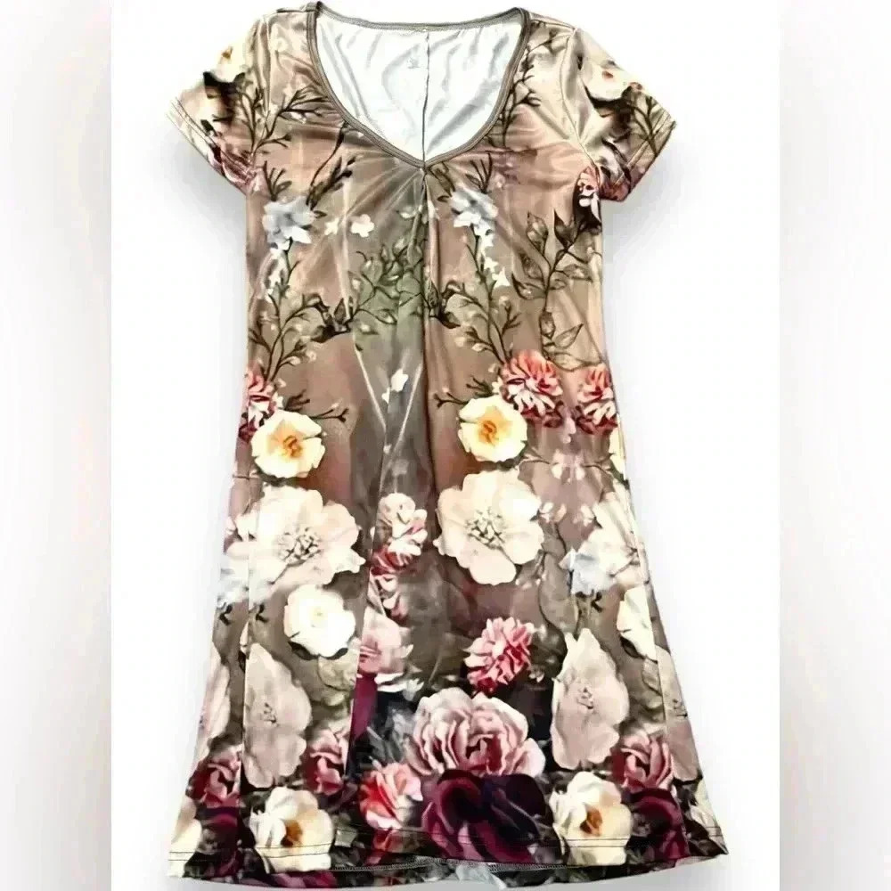 Women's V Neck Loose Dress Summer Khaki Floral Print Size Small T-shirt Dress - Picture 4 of 14
